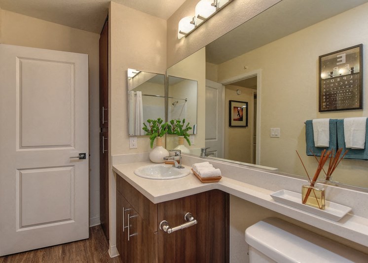 Bathroom with Vanity, Hardwood Inspired Floor, and Toilet
